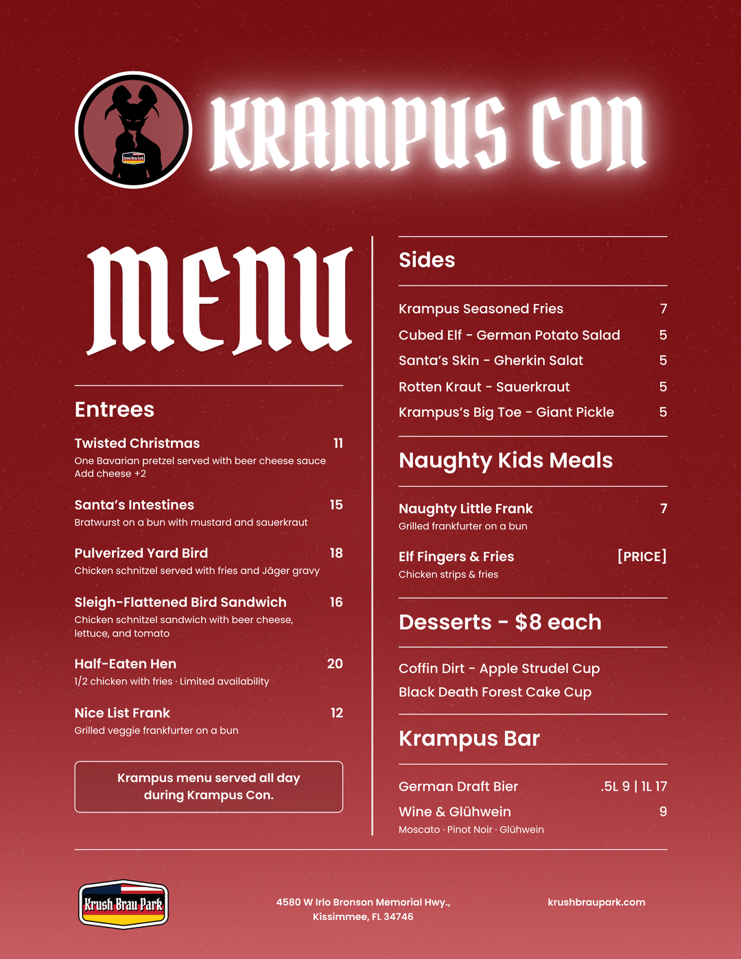 Krampus Con Food Menu, Krampus Con 2026 at Krush Brau Park