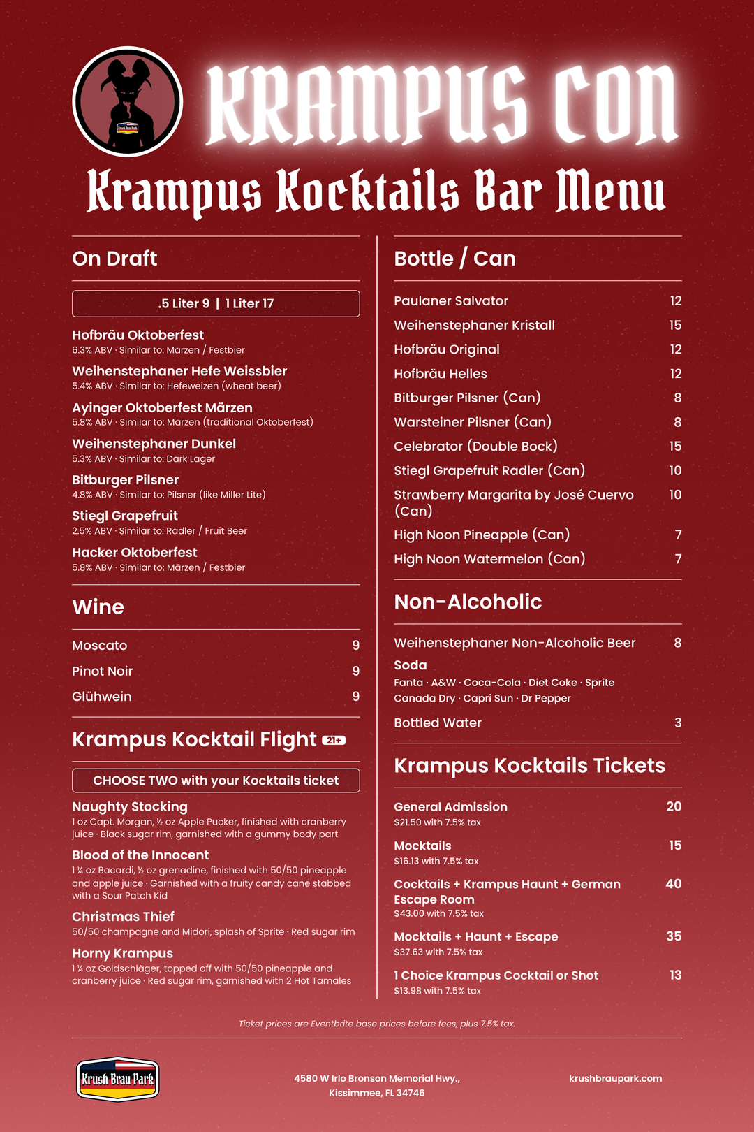 Krampus Kocktails Bar Menu, Krampus Con 2026 at Krush Brau Park