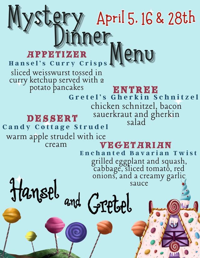Mystery Dinner Menu featuring Hansel and Gretel-themed dishes.